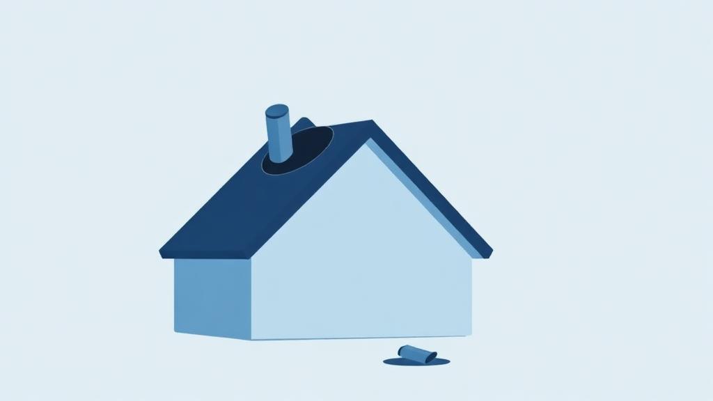 Illustration: a hole punched through a house roof with a scorched metal fragment on the floor
